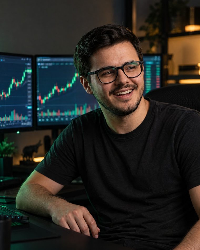 Alejandro Fintch sonriendo en su escritorio de trading